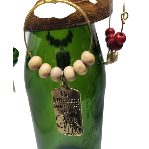 Rustic Wooden Wine Glass Charms Set Of 4 With Beaded Rings & Inspirational Tags - Picture 4 of 14